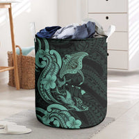 Hawaiian Manta Rays Laundry Basket Tribal Hibiscus Polynesian Tattoos Turquoise Color - Polynesian Pride