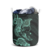 Hawaiian Manta Rays Laundry Basket Tribal Hibiscus Polynesian Tattoos Turquoise Color - Polynesian Pride