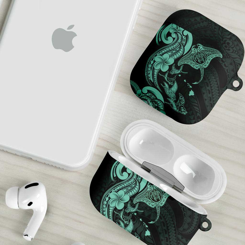Hawaiian Manta Rays AirPods Case Tribal Hibiscus Polynesian Tattoos Turquoise Color - Polynesian Pride