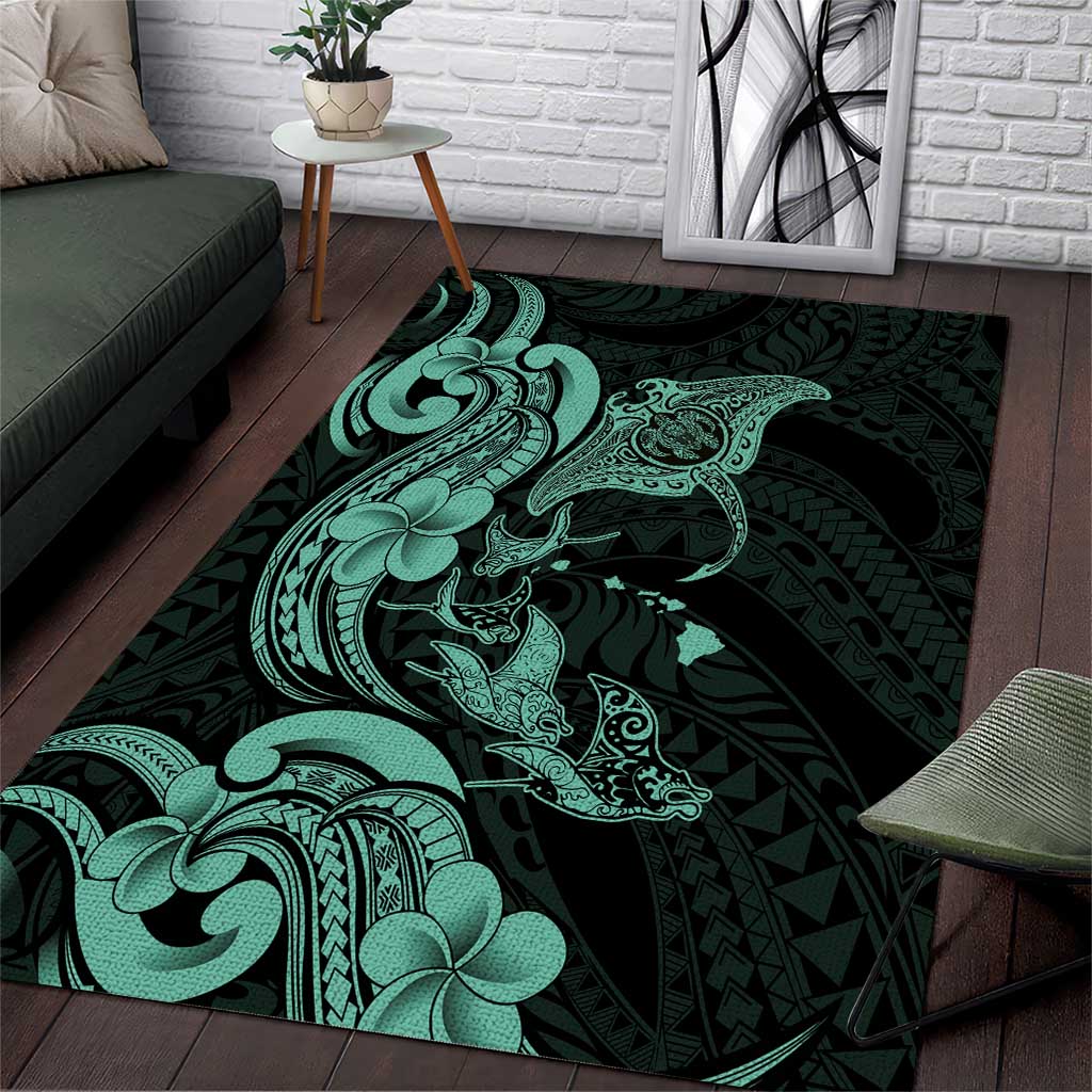 Hawaiian Manta Rays Area Rug Tribal Hibiscus Polynesian Tattoos Turquoise Color - Polynesian Pride