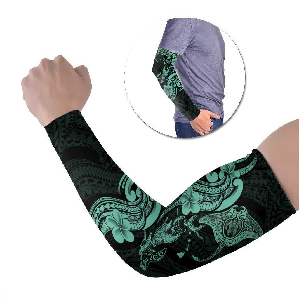 Hawaiian Manta Rays Arm Sleeves Tribal Hibiscus Polynesian Tattoos Turquoise Color - Polynesian Pride