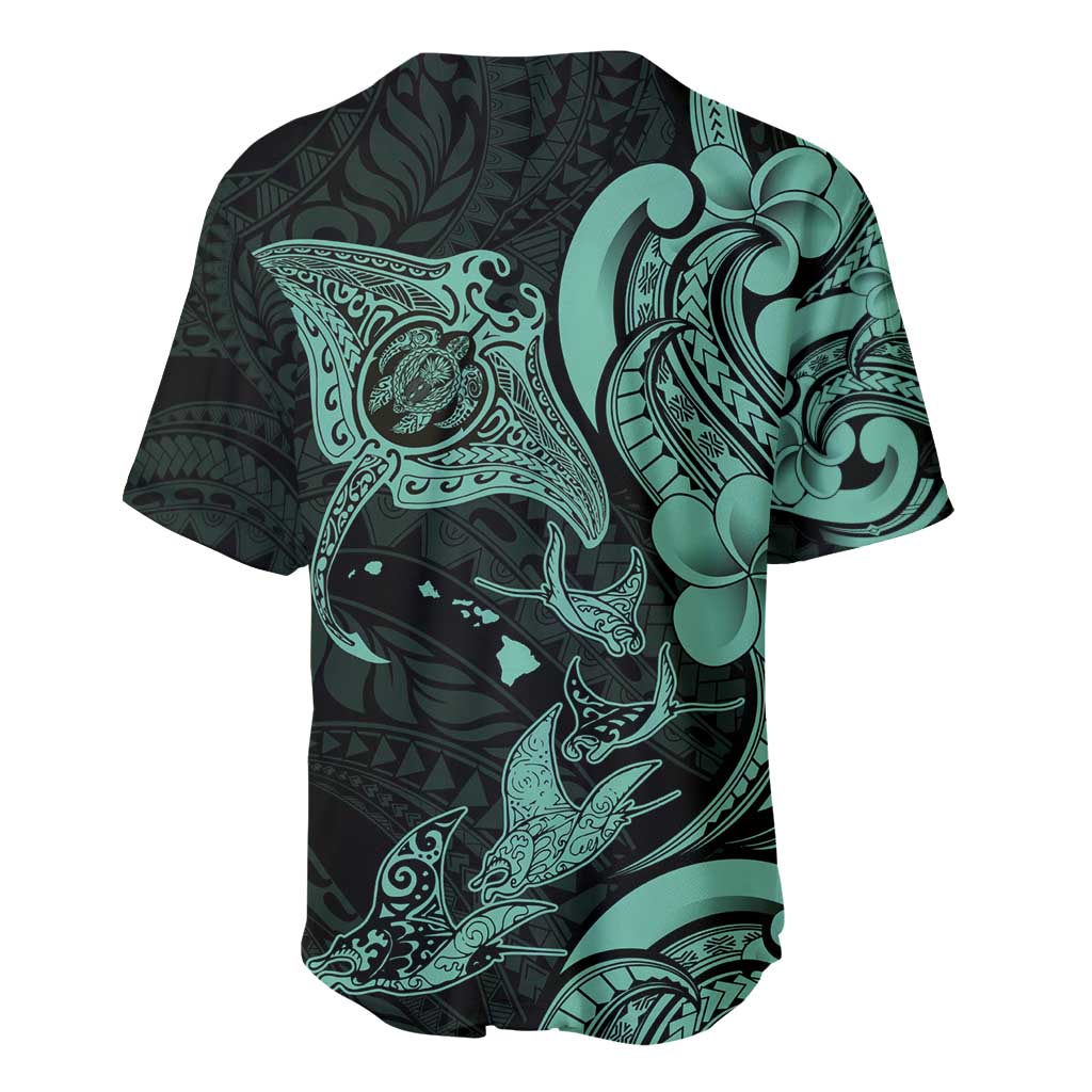 Hawaiian Manta Rays Baseball Jersey Tribal Hibiscus Polynesian Tattoos Turquoise Color - Polynesian Pride
