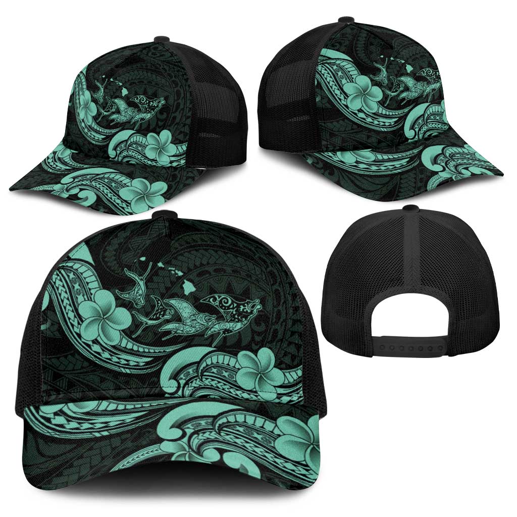 Hawaiian Manta Rays Baseball Net Cap Tribal Hibiscus Polynesian Tattoos Turquoise Color - Polynesian Pride