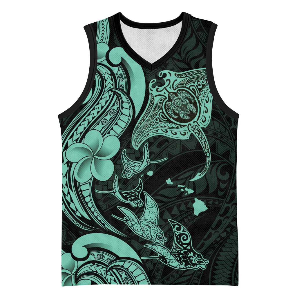 Hawaiian Manta Rays Basketball Jersey Tribal Hibiscus Polynesian Tattoos Turquoise Color - Polynesian Pride