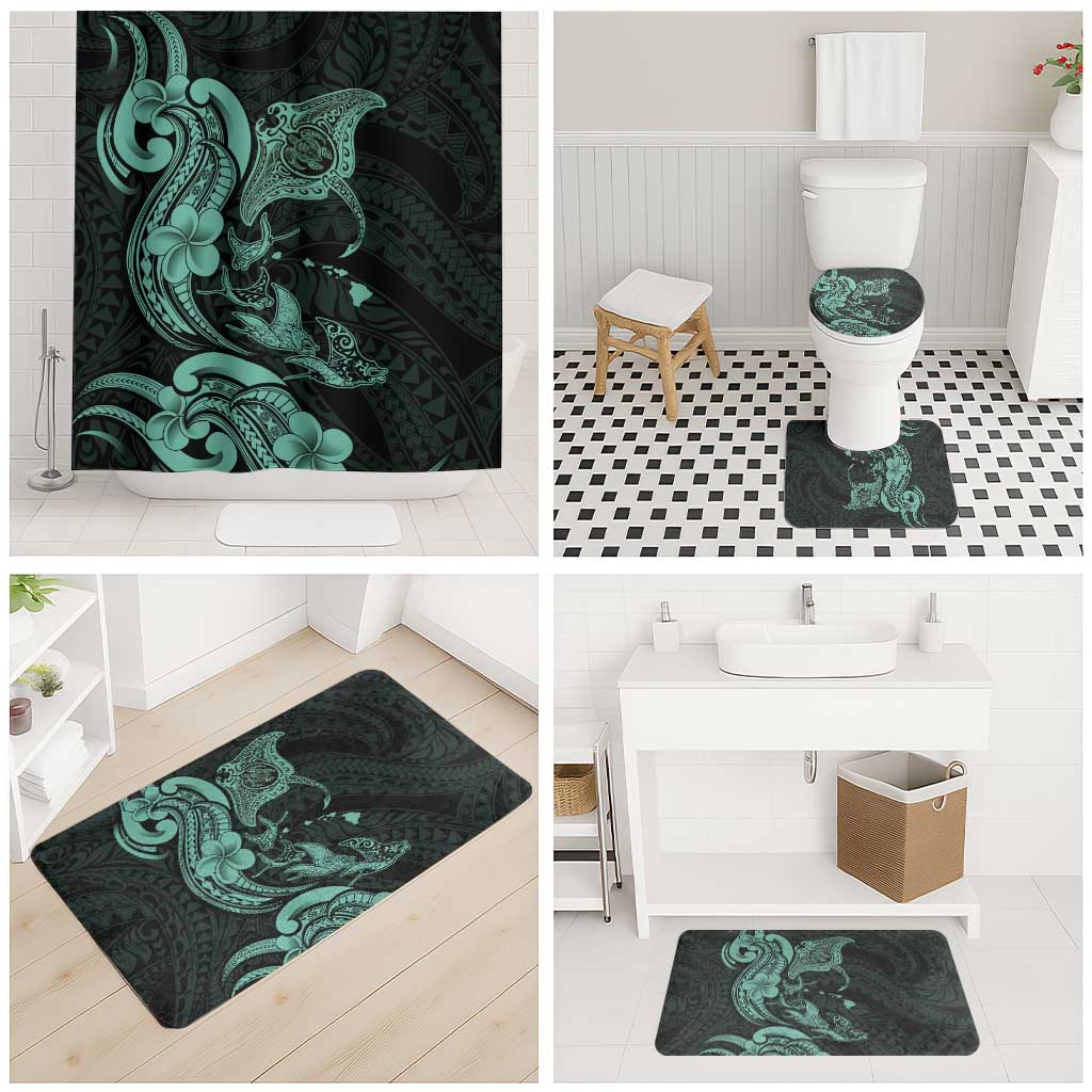 Hawaiian Manta Rays Bathroom Set Tribal Hibiscus Polynesian Tattoos Turquoise Color - Polynesian Pride