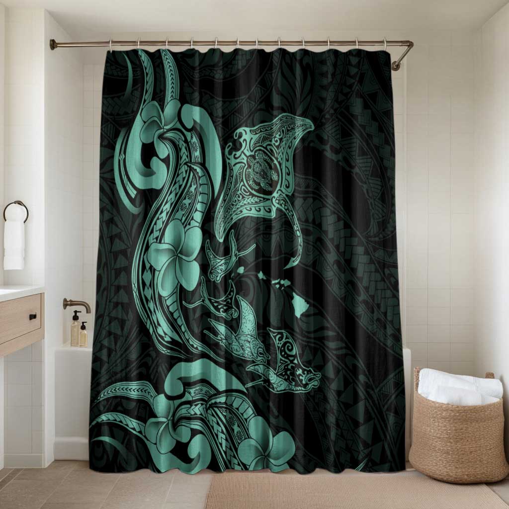 Hawaiian Manta Rays Bathroom Set Tribal Hibiscus Polynesian Tattoos Turquoise Color - Polynesian Pride