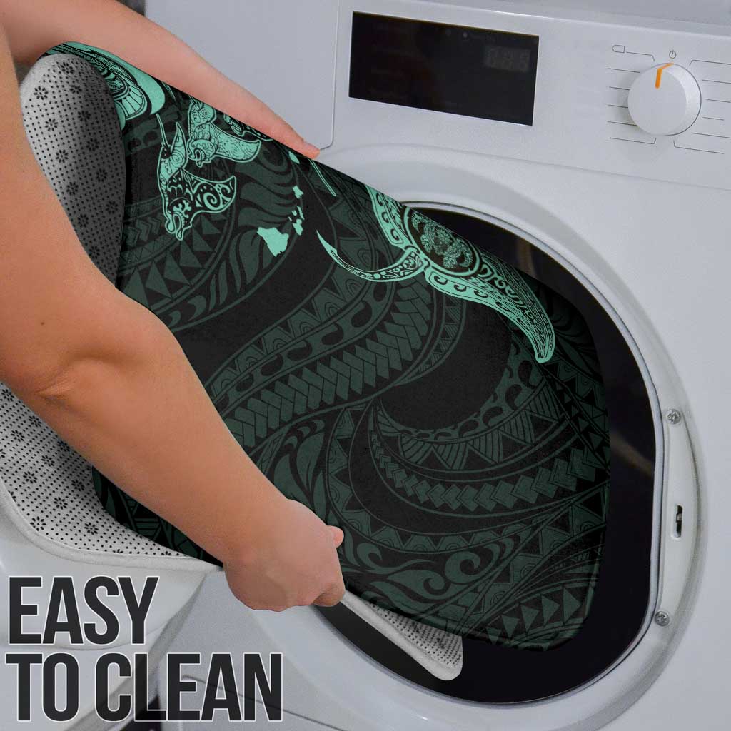 Hawaiian Manta Rays Bathroom Set Tribal Hibiscus Polynesian Tattoos Turquoise Color - Polynesian Pride