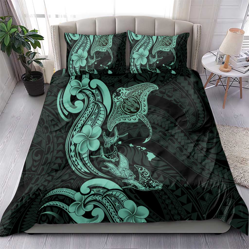 Hawaiian Manta Rays Bedding Set Tribal Hibiscus Polynesian Tattoos Turquoise Color - Polynesian Pride