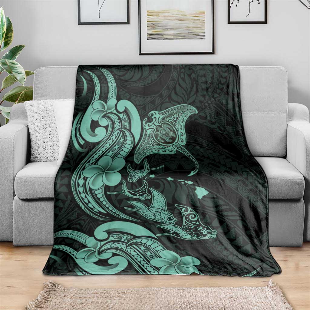 Hawaiian Manta Rays Blanket Tribal Hibiscus Polynesian Tattoos Turquoise Color - Polynesian Pride