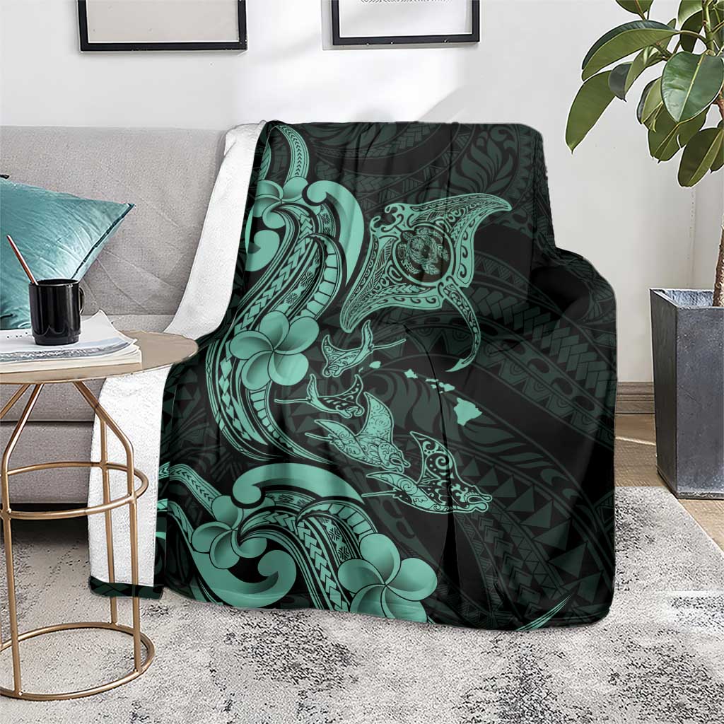 Hawaiian Manta Rays Blanket Tribal Hibiscus Polynesian Tattoos Turquoise Color - Polynesian Pride