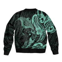 Hawaiian Manta Rays Bomber Jacket Tribal Hibiscus Polynesian Tattoos Turquoise Color - Polynesian Pride
