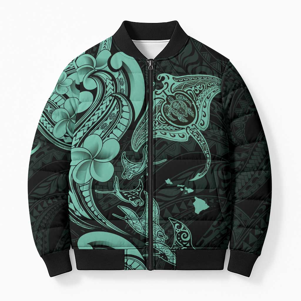 Hawaiian Manta Rays Bomber Puffer Jacket Tribal Hibiscus Polynesian Tattoos Turquoise Color - Polynesian Pride