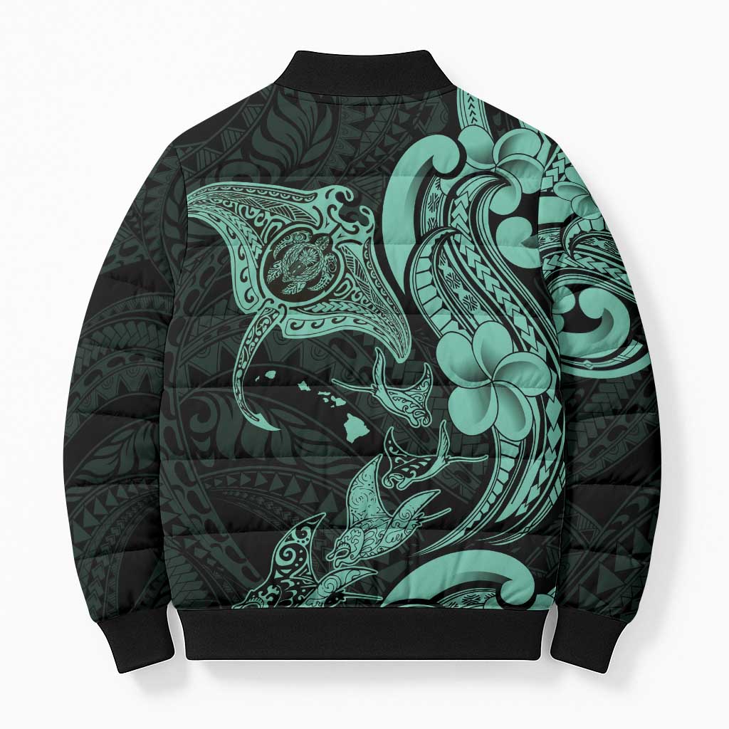 Hawaiian Manta Rays Bomber Puffer Jacket Tribal Hibiscus Polynesian Tattoos Turquoise Color - Polynesian Pride
