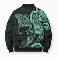 Hawaiian Manta Rays Bomber Puffer Jacket Tribal Hibiscus Polynesian Tattoos Turquoise Color - Polynesian Pride