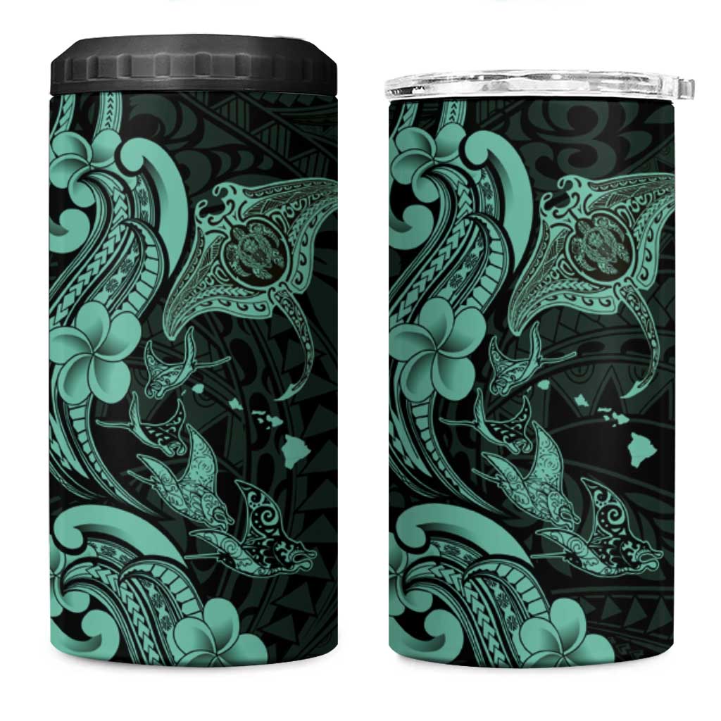 Hawaiian Manta Rays 4 in 1 Can Cooler Tumbler Tribal Hibiscus Polynesian Tattoos Turquoise Color - Polynesian Pride