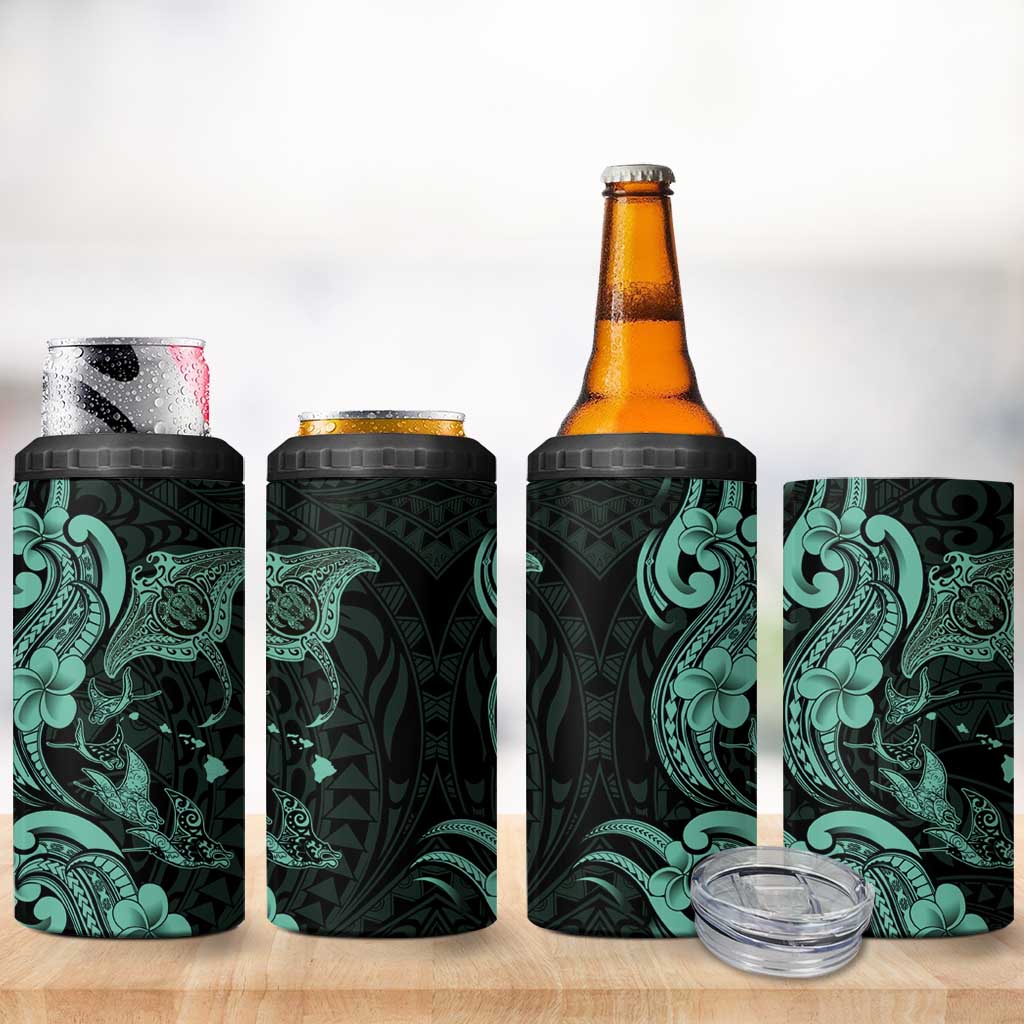 Hawaiian Manta Rays 4 in 1 Can Cooler Tumbler Tribal Hibiscus Polynesian Tattoos Turquoise Color - Polynesian Pride