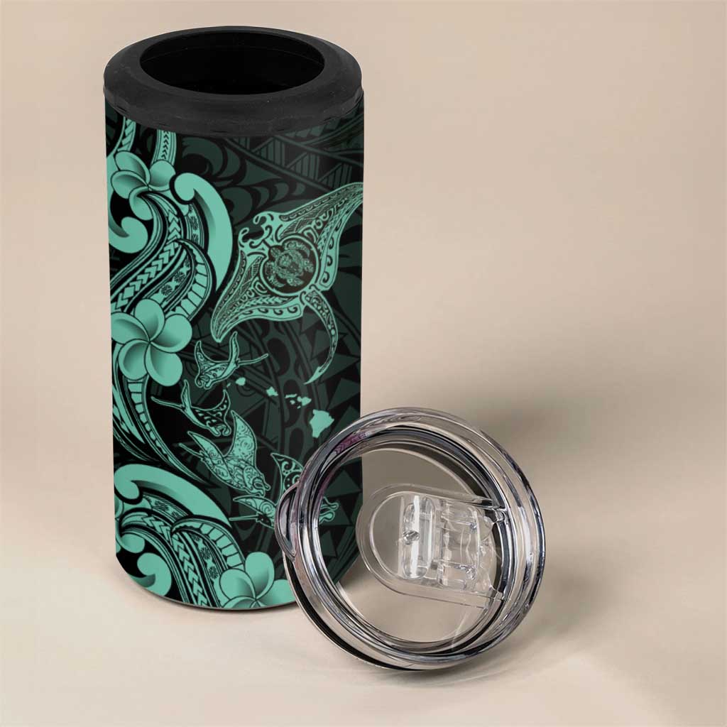 Hawaiian Manta Rays 4 in 1 Can Cooler Tumbler Tribal Hibiscus Polynesian Tattoos Turquoise Color - Polynesian Pride