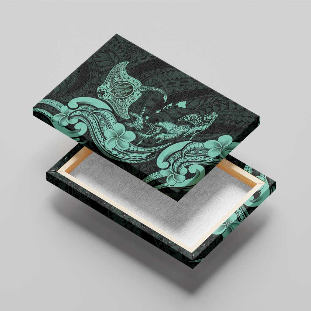 Hawaiian Manta Rays Canvas Wall Art Tribal Hibiscus Polynesian Tattoos Turquoise Color - Polynesian Pride