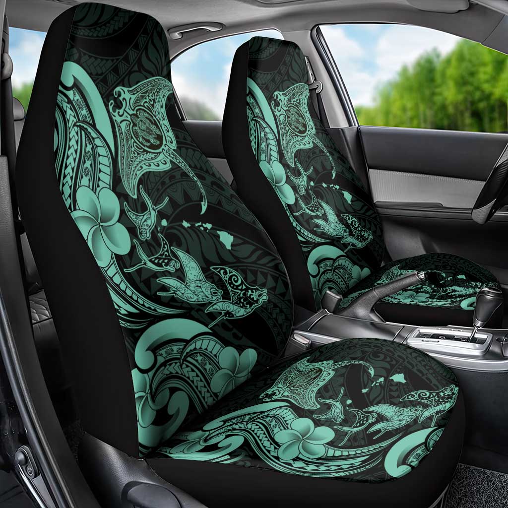 Hawaiian Manta Rays Car Seat Cover Tribal Hibiscus Polynesian Tattoos Turquoise Color - Polynesian Pride