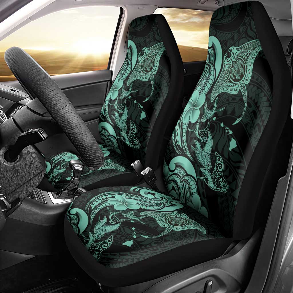Hawaiian Manta Rays Car Seat Cover Tribal Hibiscus Polynesian Tattoos Turquoise Color - Polynesian Pride