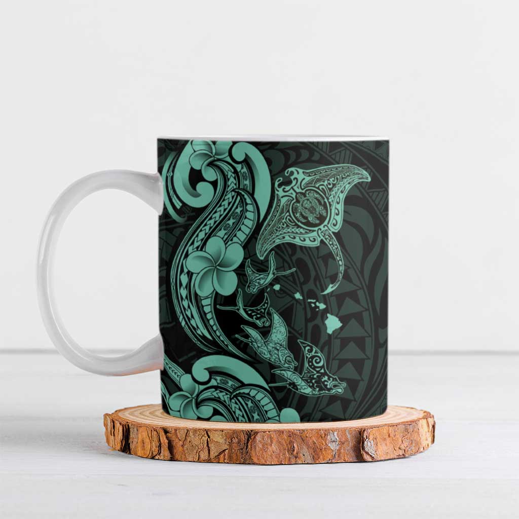 Hawaiian Manta Rays Ceramic Mug Tribal Hibiscus Polynesian Tattoos Turquoise Color - Polynesian Pride