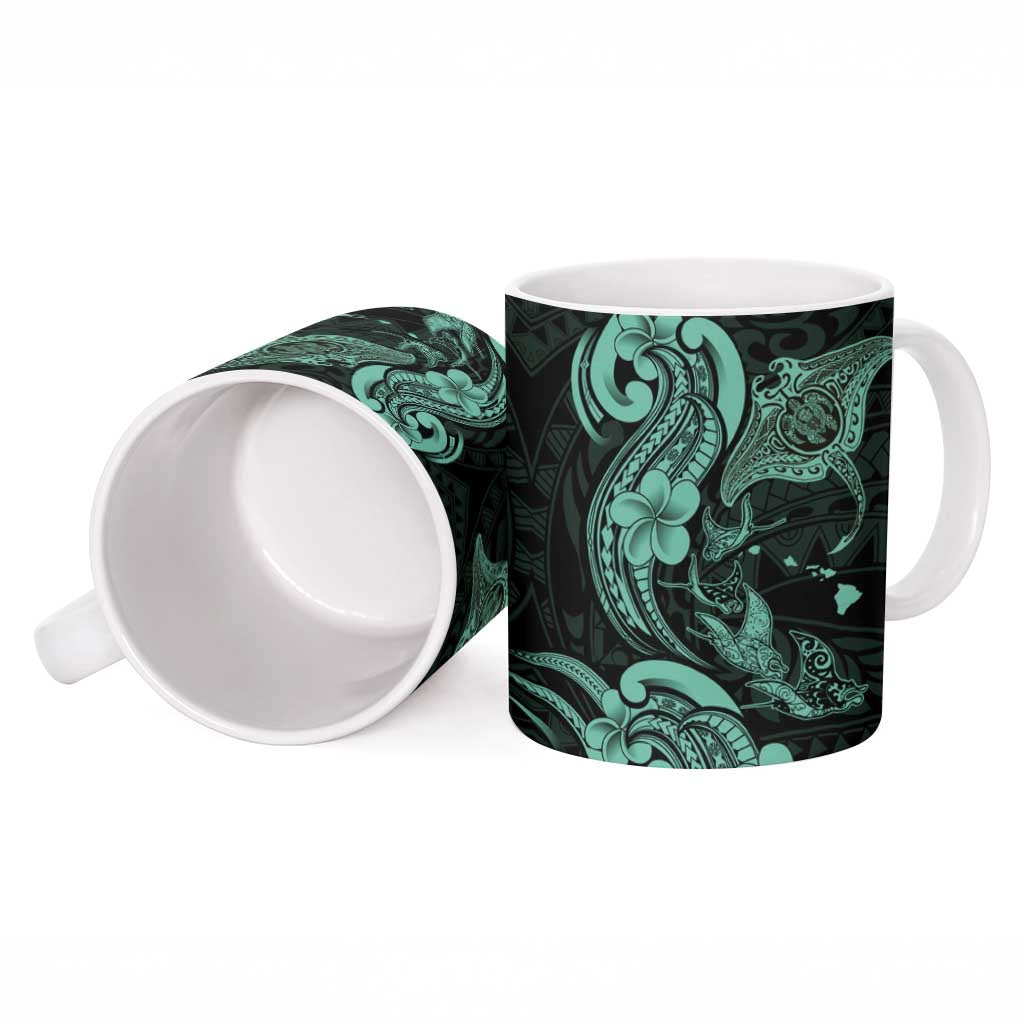 Hawaiian Manta Rays Ceramic Mug Tribal Hibiscus Polynesian Tattoos Turquoise Color - Polynesian Pride