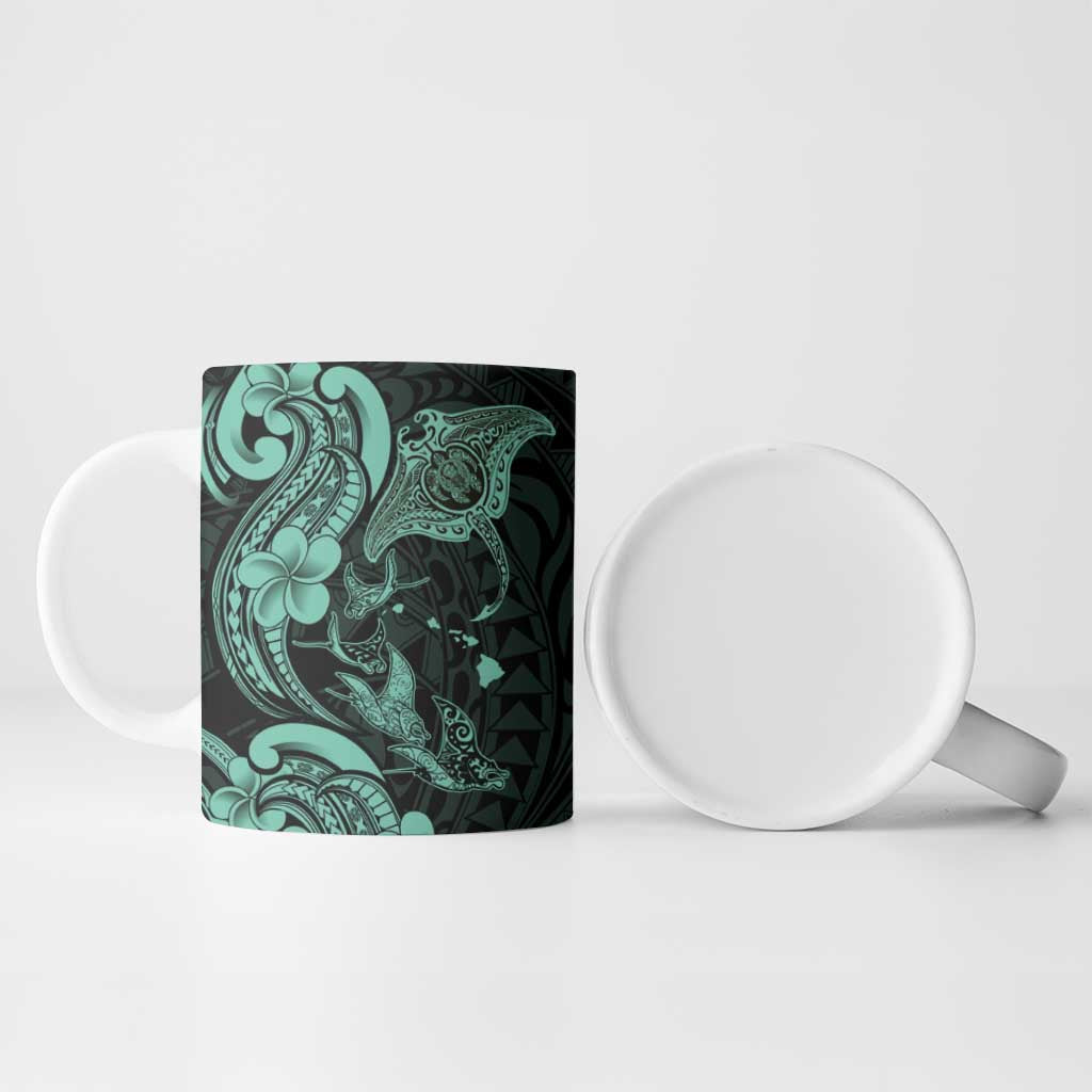 Hawaiian Manta Rays Ceramic Mug Tribal Hibiscus Polynesian Tattoos Turquoise Color - Polynesian Pride