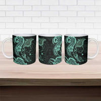Hawaiian Manta Rays Ceramic Mug Tribal Hibiscus Polynesian Tattoos Turquoise Color - Polynesian Pride