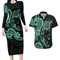 Hawaiian Manta Rays Couples Matching Long Sleeve Bodycon Dress and Hawaiian Shirt Tribal Hibiscus Polynesian Tattoos Turquoise Color - Polynesian Pride