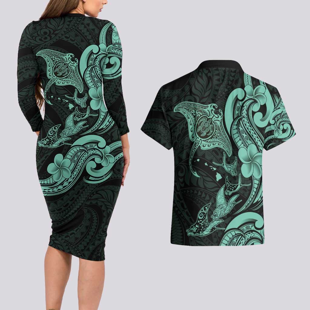 Hawaiian Manta Rays Couples Matching Long Sleeve Bodycon Dress and Hawaiian Shirt Tribal Hibiscus Polynesian Tattoos Turquoise Color - Polynesian Pride