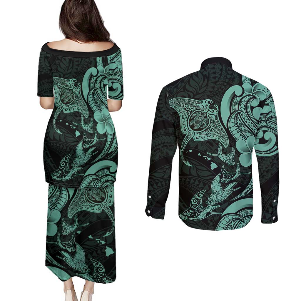 Hawaiian Manta Rays Couples Matching Puletasi and Long Sleeve Button Shirt Tribal Hibiscus Polynesian Tattoos Turquoise Color - Polynesian Pride