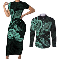 Hawaiian Manta Rays Couples Matching Short Sleeve Bodycon Dress and Long Sleeve Button Shirt Tribal Hibiscus Polynesian Tattoos Turquoise Color - Polynesian Pride
