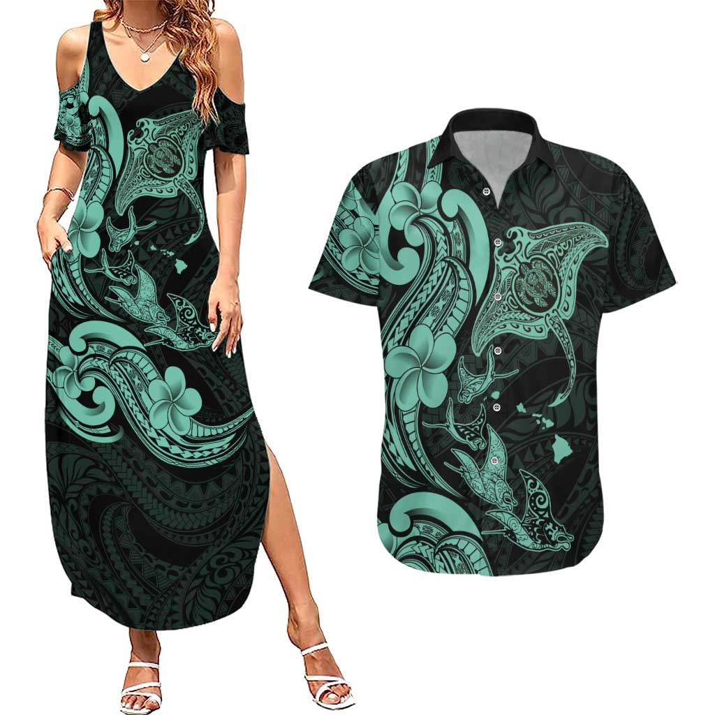 Hawaiian Manta Rays Couples Matching Summer Maxi Dress and Hawaiian Shirt Tribal Hibiscus Polynesian Tattoos Turquoise Color - Polynesian Pride