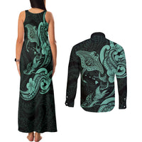 Hawaiian Manta Rays Couples Matching Tank Maxi Dress and Long Sleeve Button Shirt Tribal Hibiscus Polynesian Tattoos Turquoise Color - Polynesian Pride