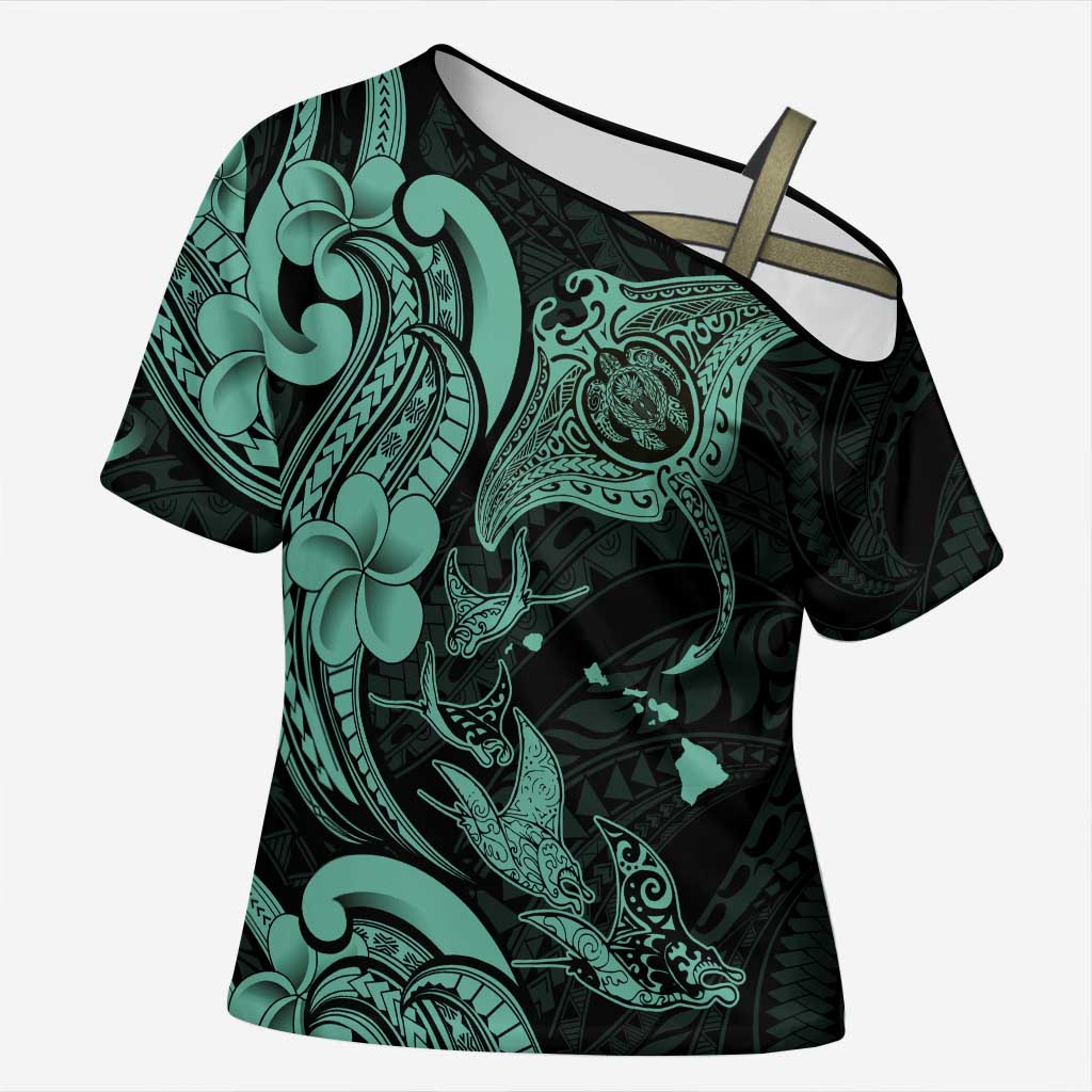 Hawaiian Manta Rays Cross Shoulder Shirt Tribal Hibiscus Polynesian Tattoos Turquoise Color LT03 Female Turquoise - Polynesian Pride