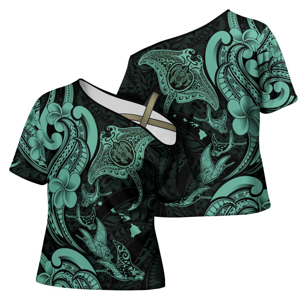 Hawaiian Manta Rays Cross Shoulder Shirt Tribal Hibiscus Polynesian Tattoos Turquoise Color - Polynesian Pride
