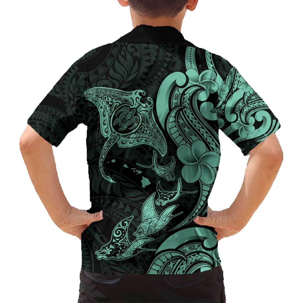 Hawaiian Manta Rays Family Matching Long Sleeve Bodycon Dress and Hawaiian Shirt Tribal Hibiscus Polynesian Tattoos Turquoise Color - Polynesian Pride