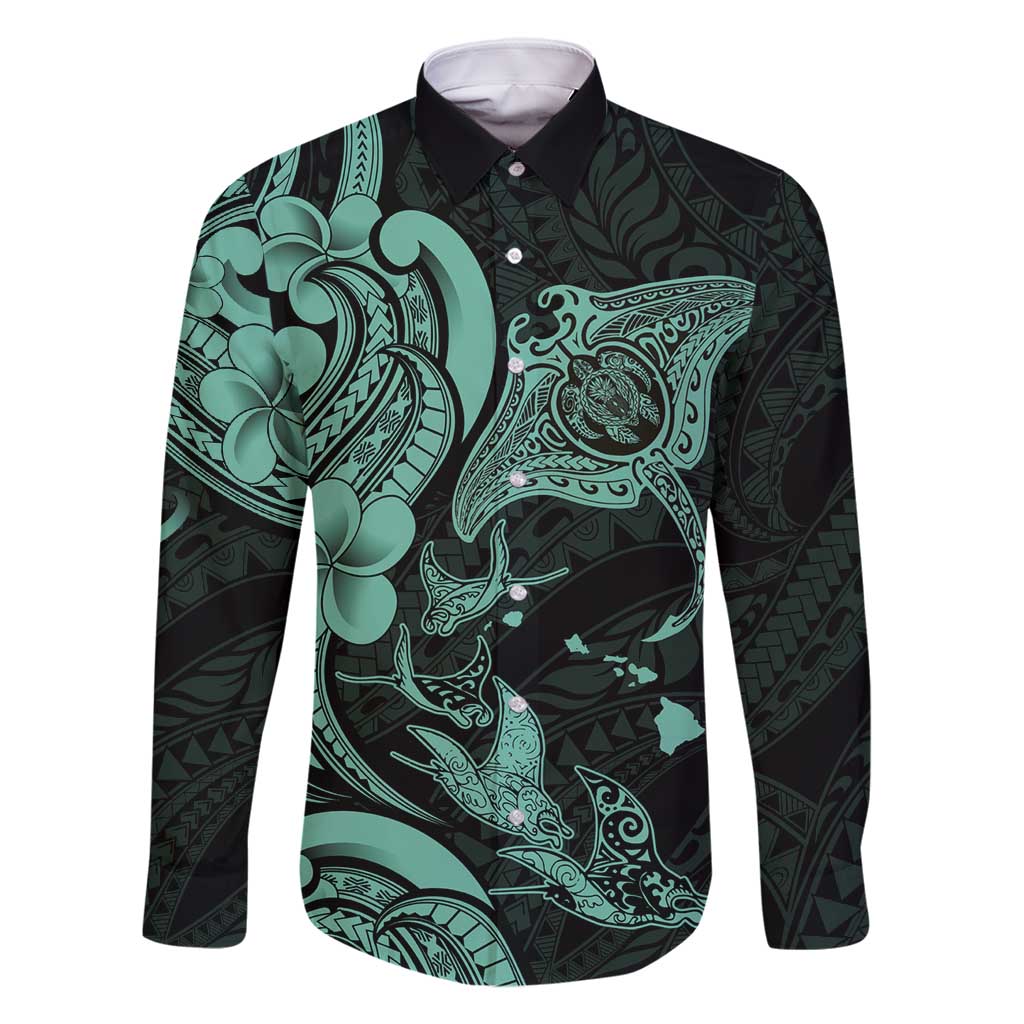 Hawaiian Manta Rays Family Matching Mermaid Dress and Hawaiian Shirt Tribal Hibiscus Polynesian Tattoos Turquoise Color - Polynesian Pride