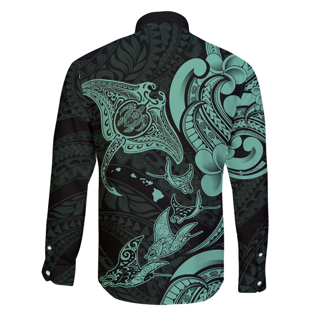 Hawaiian Manta Rays Family Matching Mermaid Dress and Hawaiian Shirt Tribal Hibiscus Polynesian Tattoos Turquoise Color - Polynesian Pride