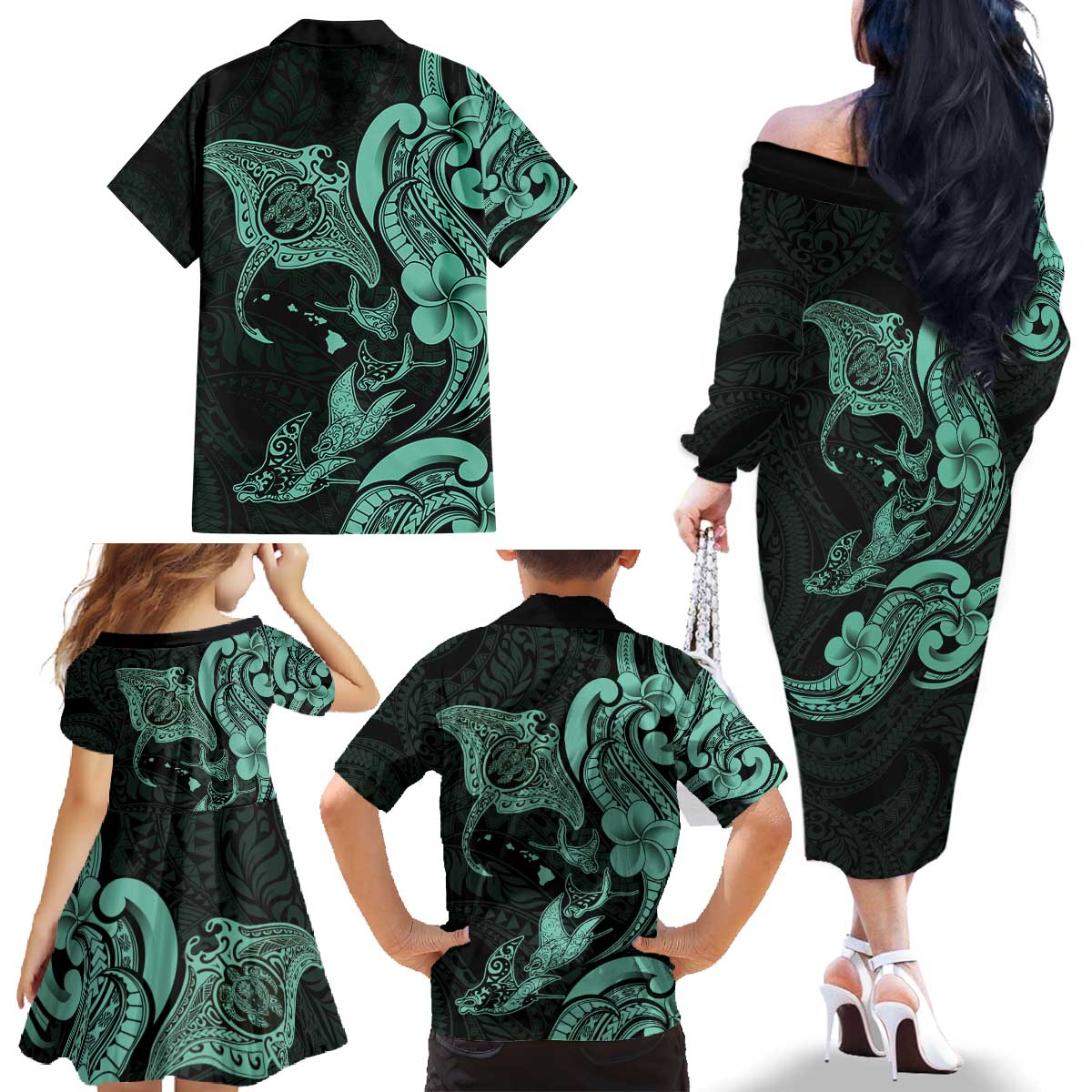 Hawaiian Manta Rays Family Matching Off The Shoulder Long Sleeve Dress and Hawaiian Shirt Tribal Hibiscus Polynesian Tattoos Turquoise Color - Polynesian Pride