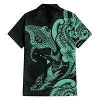 Hawaiian Manta Rays Family Matching Off The Shoulder Long Sleeve Dress and Hawaiian Shirt Tribal Hibiscus Polynesian Tattoos Turquoise Color - Polynesian Pride