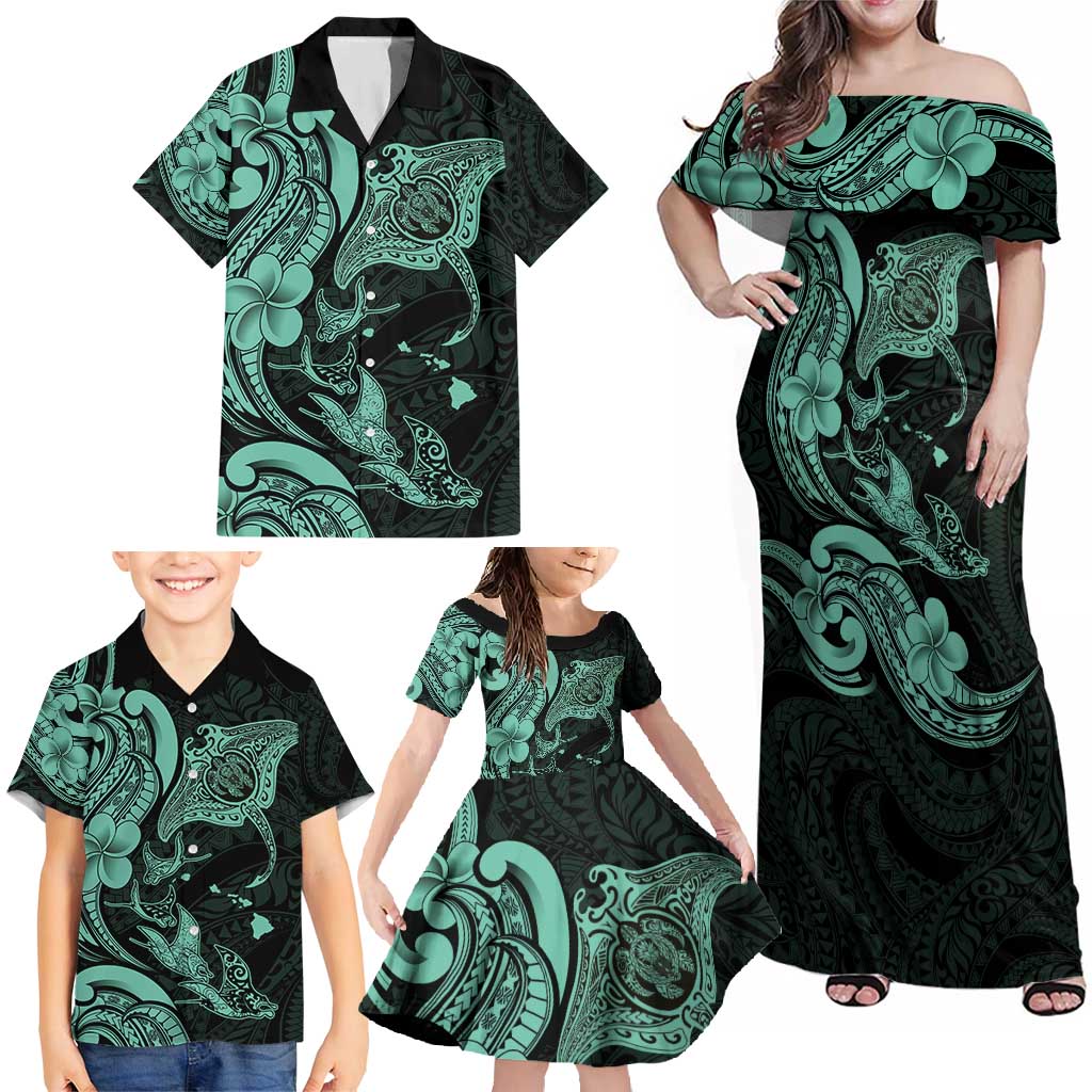 Hawaiian Manta Rays Family Matching Off Shoulder Maxi Dress and Hawaiian Shirt Tribal Hibiscus Polynesian Tattoos Turquoise Color - Polynesian Pride