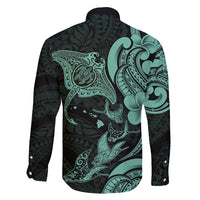 Hawaiian Manta Rays Family Matching Off Shoulder Maxi Dress and Hawaiian Shirt Tribal Hibiscus Polynesian Tattoos Turquoise Color - Polynesian Pride
