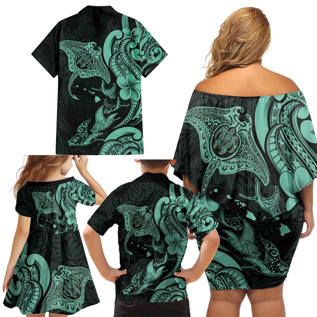 Hawaiian Manta Rays Family Matching Off Shoulder Short Dress and Hawaiian Shirt Tribal Hibiscus Polynesian Tattoos Turquoise Color - Polynesian Pride