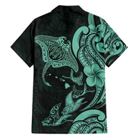 Hawaiian Manta Rays Family Matching Off Shoulder Short Dress and Hawaiian Shirt Tribal Hibiscus Polynesian Tattoos Turquoise Color - Polynesian Pride