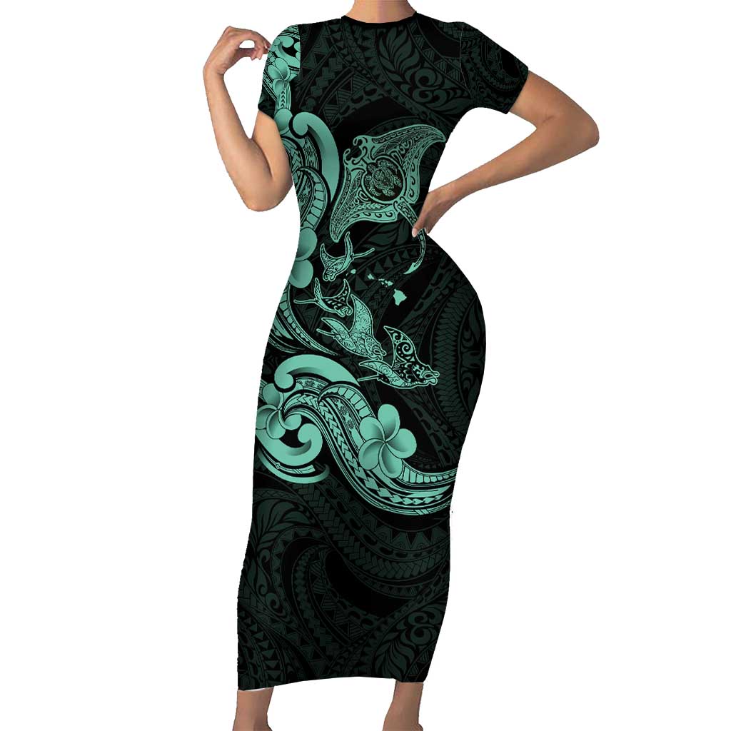 Hawaiian Manta Rays Family Matching Short Sleeve Bodycon Dress and Hawaiian Shirt Tribal Hibiscus Polynesian Tattoos Turquoise Color - Polynesian Pride