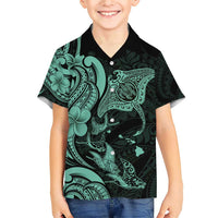 Hawaiian Manta Rays Family Matching Short Sleeve Bodycon Dress and Hawaiian Shirt Tribal Hibiscus Polynesian Tattoos Turquoise Color - Polynesian Pride
