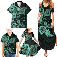 Hawaiian Manta Rays Family Matching Summer Maxi Dress and Hawaiian Shirt Tribal Hibiscus Polynesian Tattoos Turquoise Color - Polynesian Pride