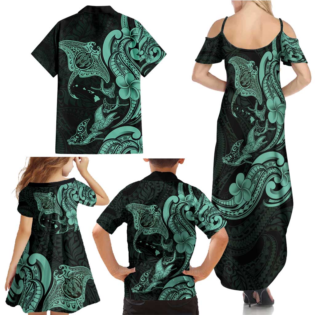 Hawaiian Manta Rays Family Matching Summer Maxi Dress and Hawaiian Shirt Tribal Hibiscus Polynesian Tattoos Turquoise Color - Polynesian Pride