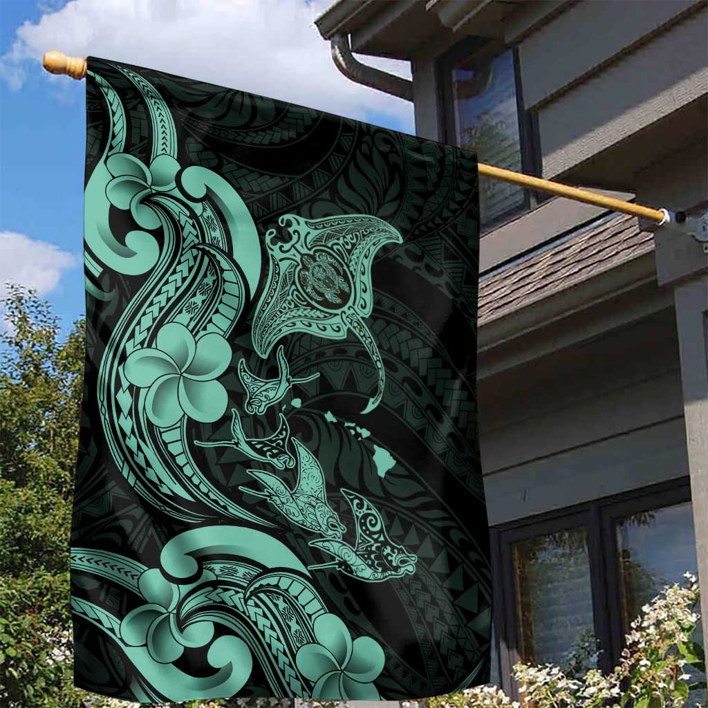 Hawaiian Manta Rays Garden Flag Tribal Hibiscus Polynesian Tattoos Turquoise Color - Polynesian Pride